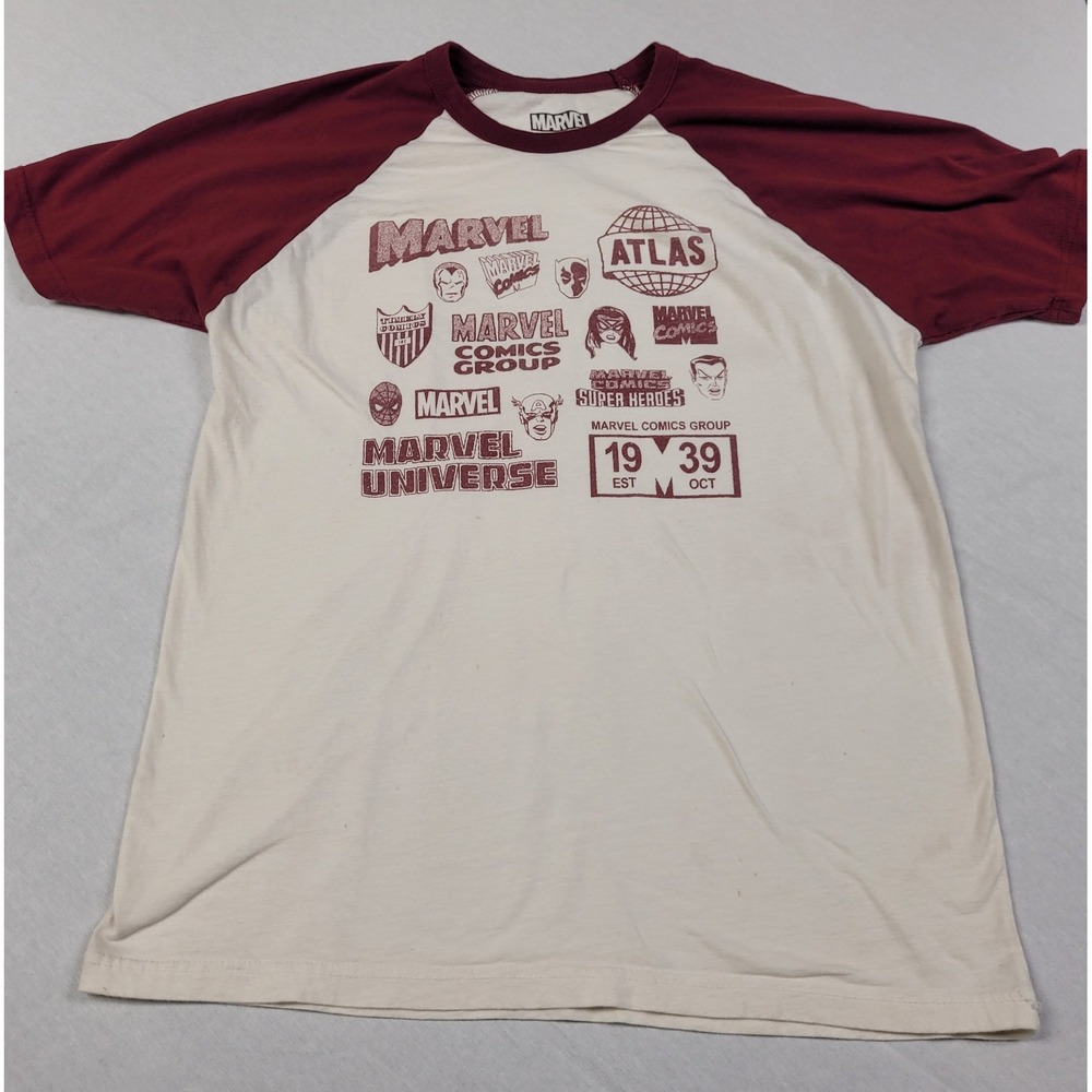 Marvel Icons Women's Short Sleeve Raglan T-Shirt Cream Burgundy Size L